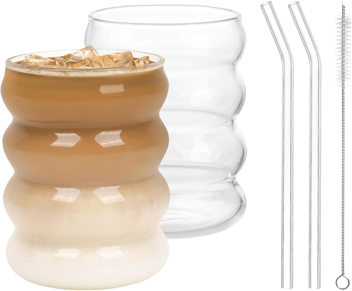 Dailygoods- Drinkglazen 410 ml - Unieke Bellen Donut Vorm - Glazen Rietjes - BPA Vrij - Inclusief Riet Schoonmaak Borstel - Elegante Drinkervaring