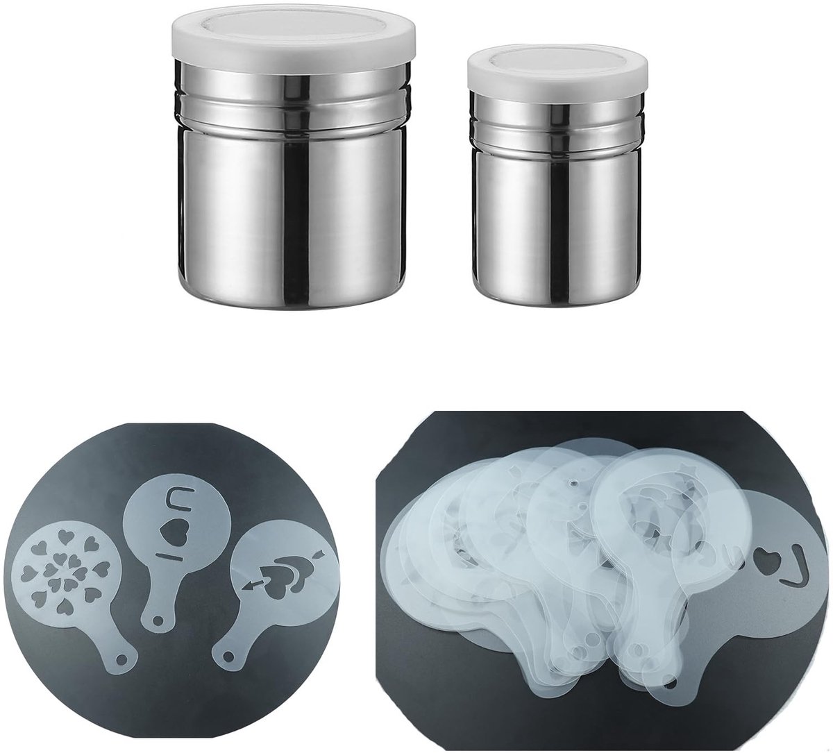 Dailygoods- Poedersuikerstrooier 2 Stuks - Roestvrij Staal - Meelstrooier - Koffiestencils - Barista-Sjabloon - Fijne Maaswijdte - Poederstrooier