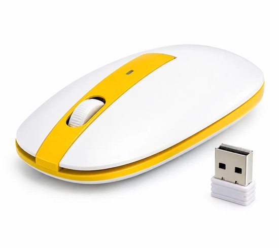 Witte draadloze muis met gele strip, USB-ontvanger op een witte ondergrond.