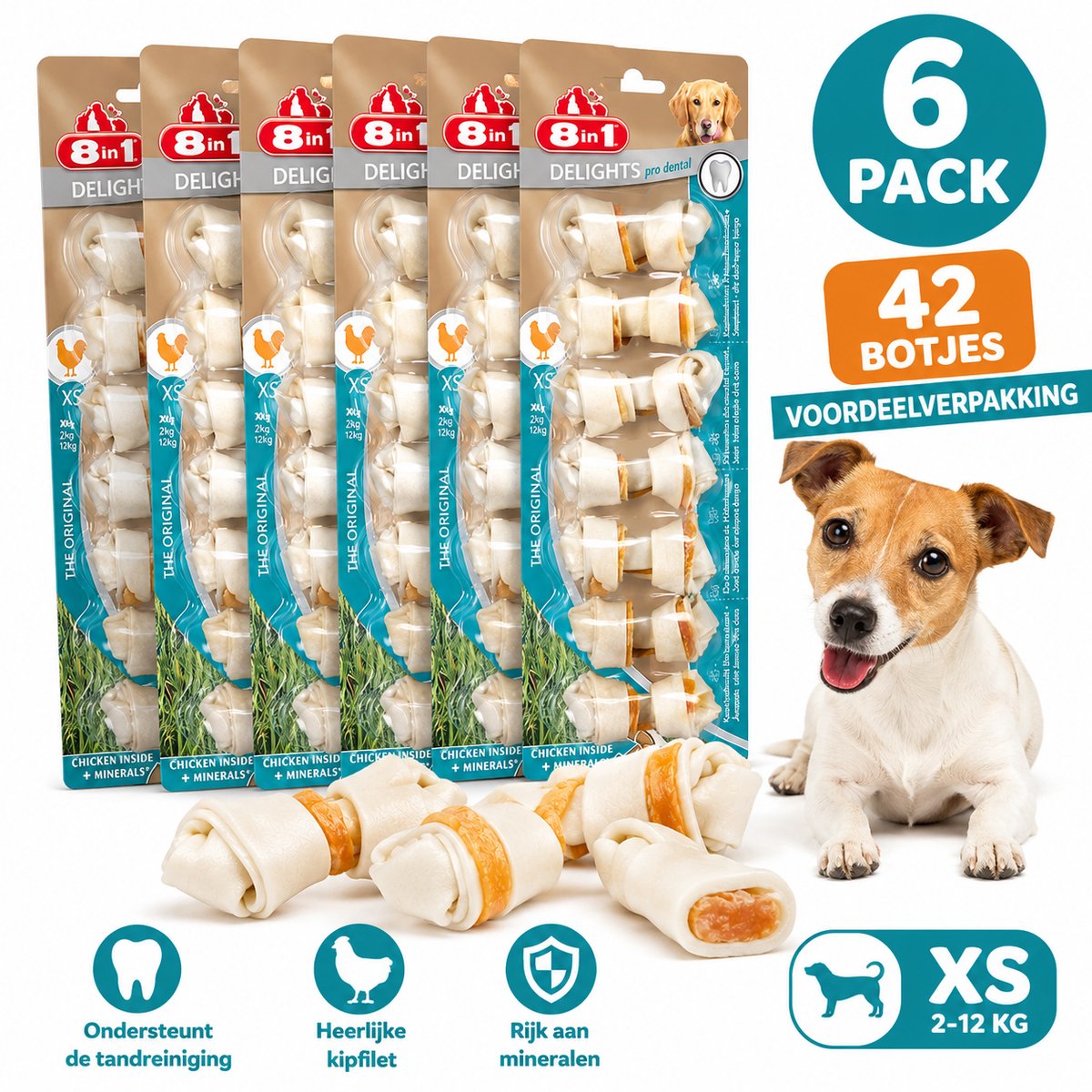 8in1 Delights Pro Dental XS - 6 x 7 Stuks - Voordeelverpakking - Kauwbotten voor Kleine Honden 2-12 kg - Kip - 6 pack