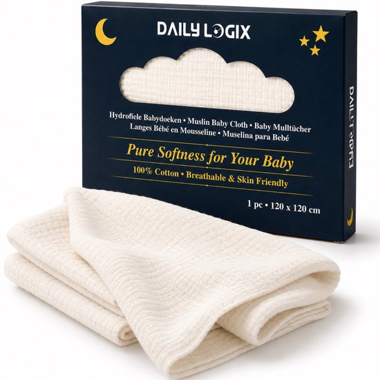 Verpakking van Daily Logix met een opgevouwen witte hydrofiele doek van 120 x 120 cm. Beschrijving: Pure Softness for Your Baby, 100% katoen, ademend & huidvriendelijk.