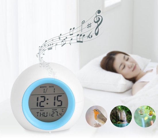 LED Wekker - Digitale Klok - Rustig Ontwaken - Zeven Kleuren Licht - Temperatuur Weergave - Blauw Wit — afbeelding 4