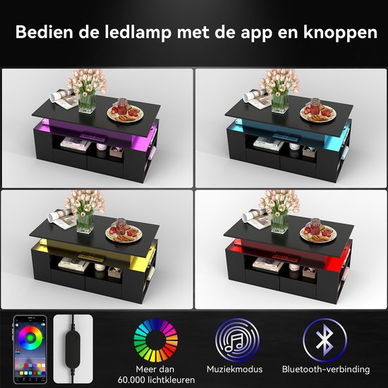 Vier weergaven van zwarte salontafel met LED-verlichting in verschillende kleuren: paars, cyaan, geel, rood.