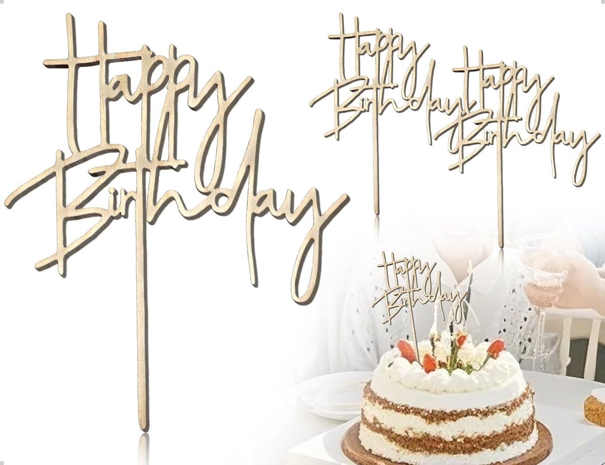 Dailygoods- Taarttopper Happy Birthday - Taartdecoratie Set - Houten Taartdecoratie - 2 Stuks - 15,8 x 22 cm - Unieke Verjaardagstaart Decoratie