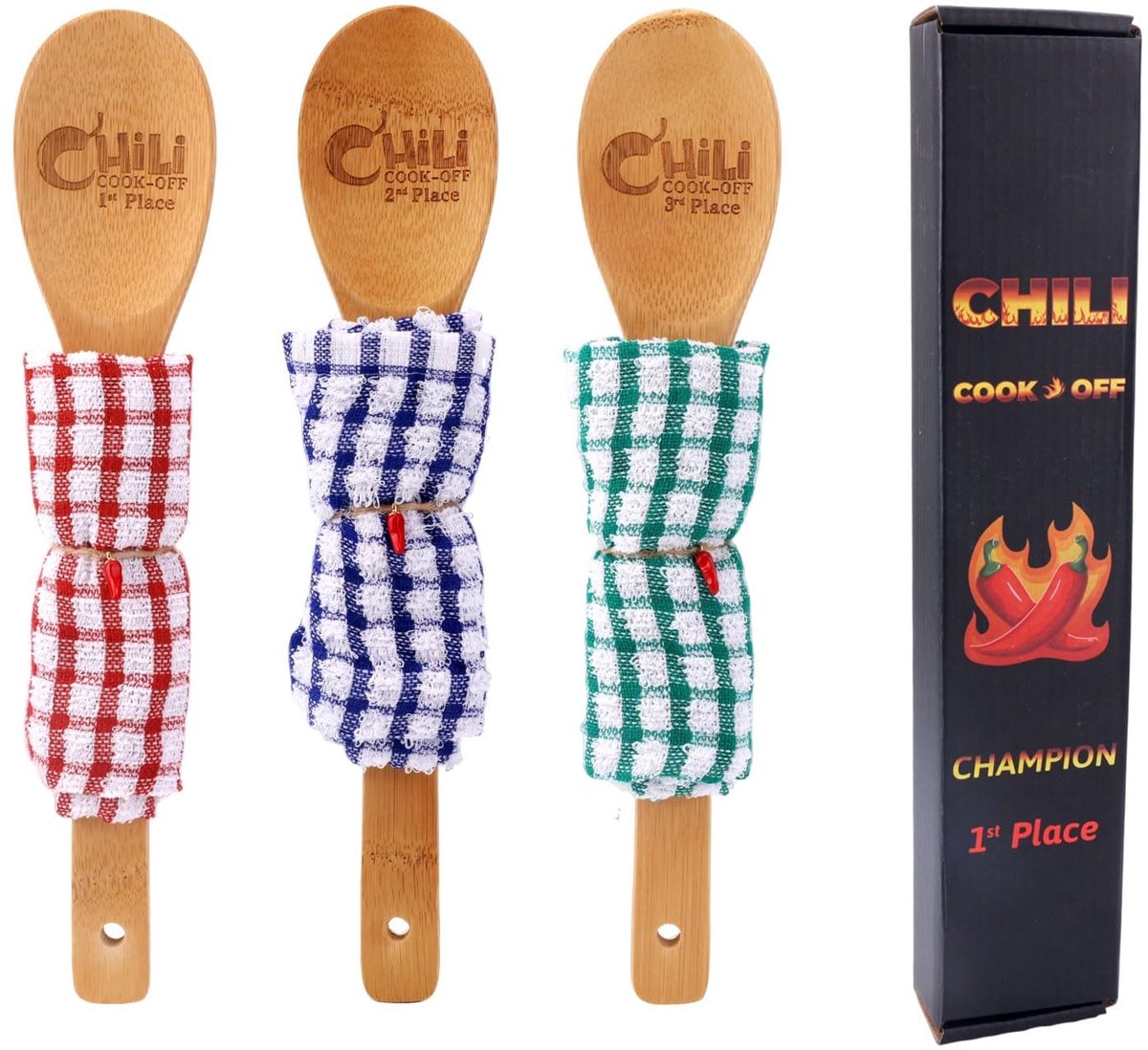 Dailygoods- Kookwedstrijdtrofee Houten - Chili Cook Off Prijzen - 1e/2e/3e Plaats - Decoraties - Festivalbenodigdheden - 30x6 cm - Prijs
