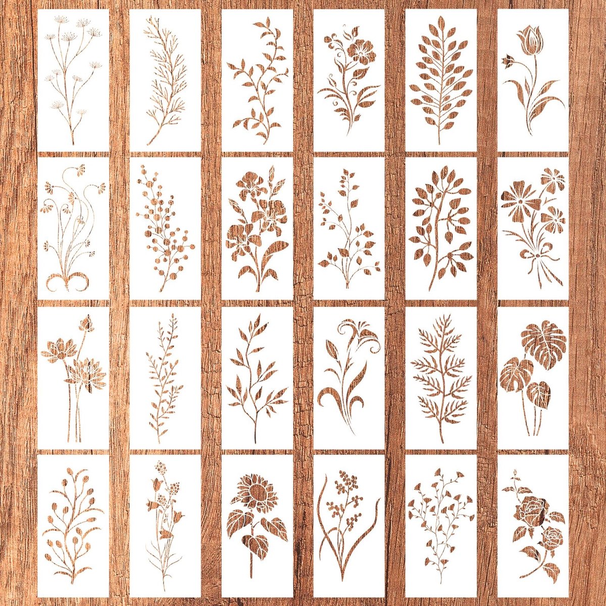 Dailygoods- Bloemensjablonen 24 Stuks - Herbruikbare Sjablonen - Botanische Kunstsjablonen - Schilderen - Knutselprojecten - Afmetingen 15x7,5 cm