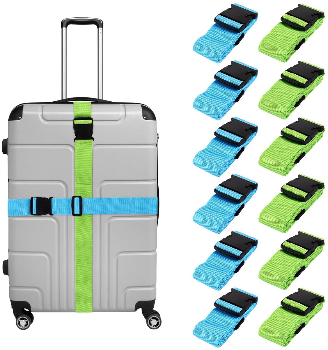 Dailygoods- Kofferriemen 12 stuks - Verstelbare Bagageriemen - Duurzame Kofferbanden - Lange Kofferband tot 200 cm - Hoogwaardig Nylon - Breed 5 cm Ontwerp - Bagageriem