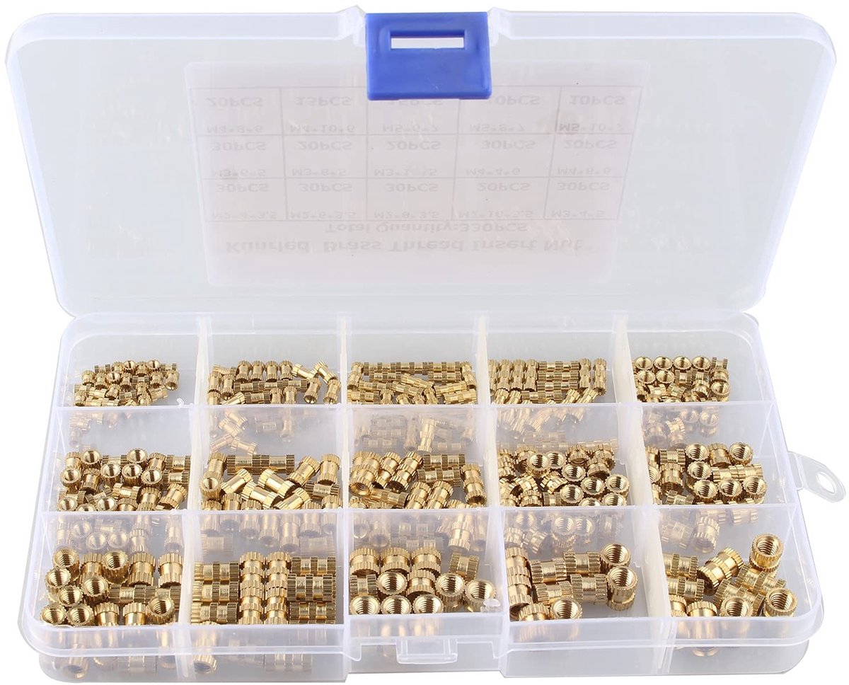 Dailygoods- Schroefdraad Insert 330 Stuks - Messing Gekarteld - M2/M3/M4/M5 - Voor 3D Printing - Plastic Opbergdoos - Goudkleurig - Moeren