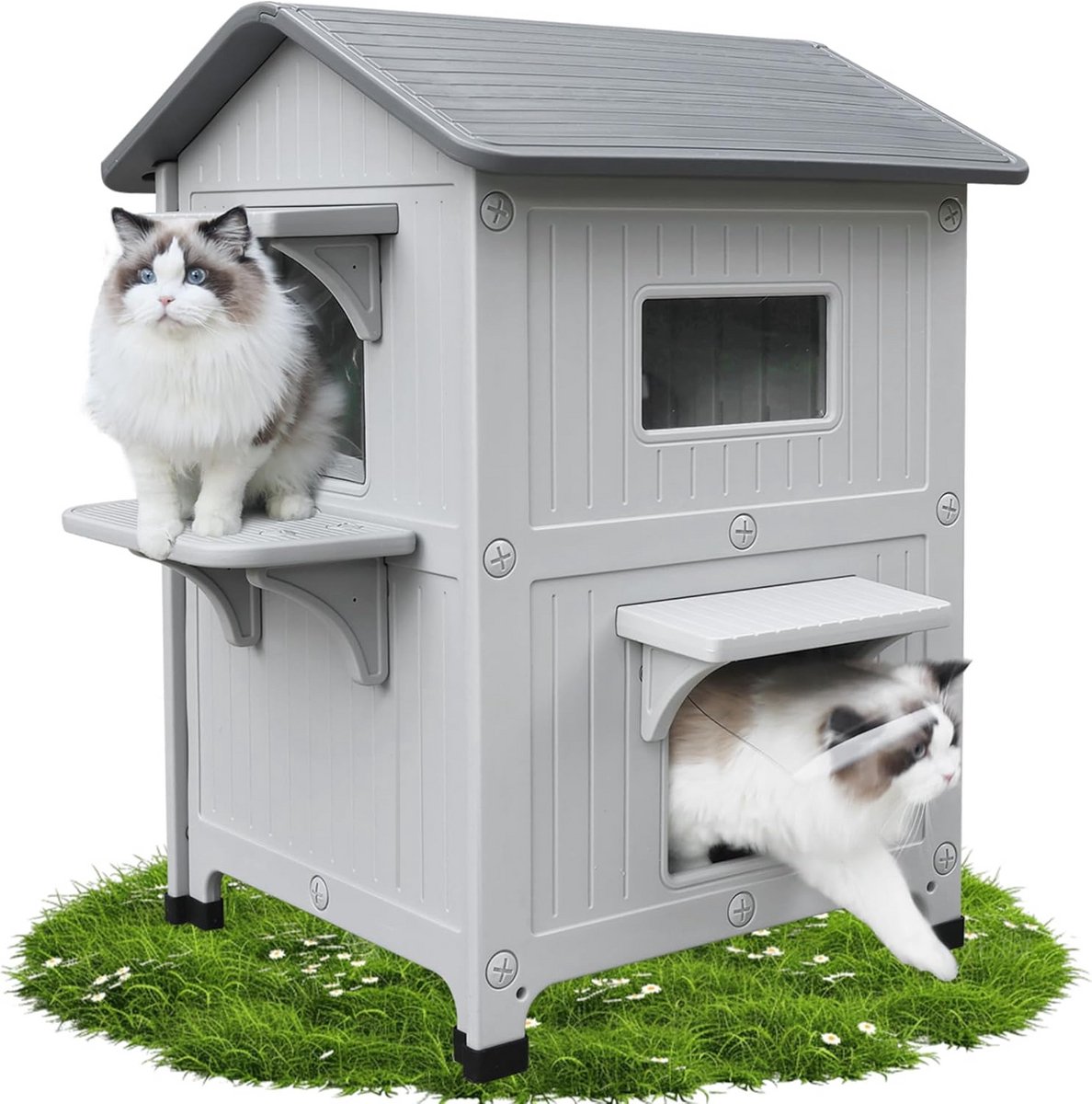 Outdoor Cat House, 2 History, Outdoor Houses for Cats, Plastic Outdoor House, Weatherproof, with Escape Door, Large Val Villa, Cat Shelter for Small and Medium