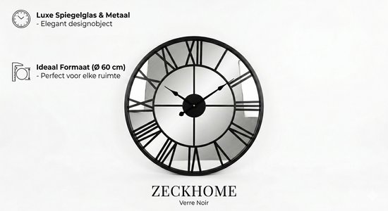 Zeckhome Verre Noir – Horloge Murale Ø 60 cm – Horloge Miroir – Verre Glas – Chiffres Romains – Horloge Quartz Silencieuse