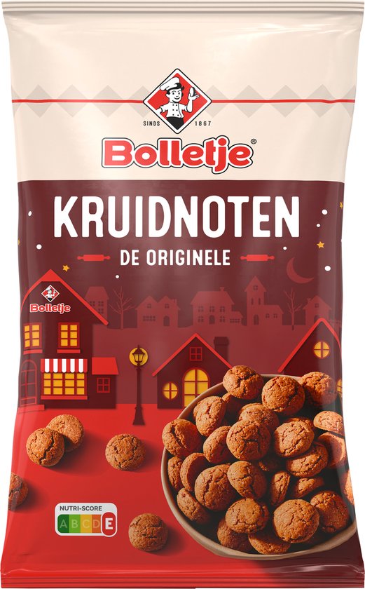 Bolletje Kruidnoten verpakking met Nutri-Score E, toont een kom met kruidnoten en winterse huisjes.