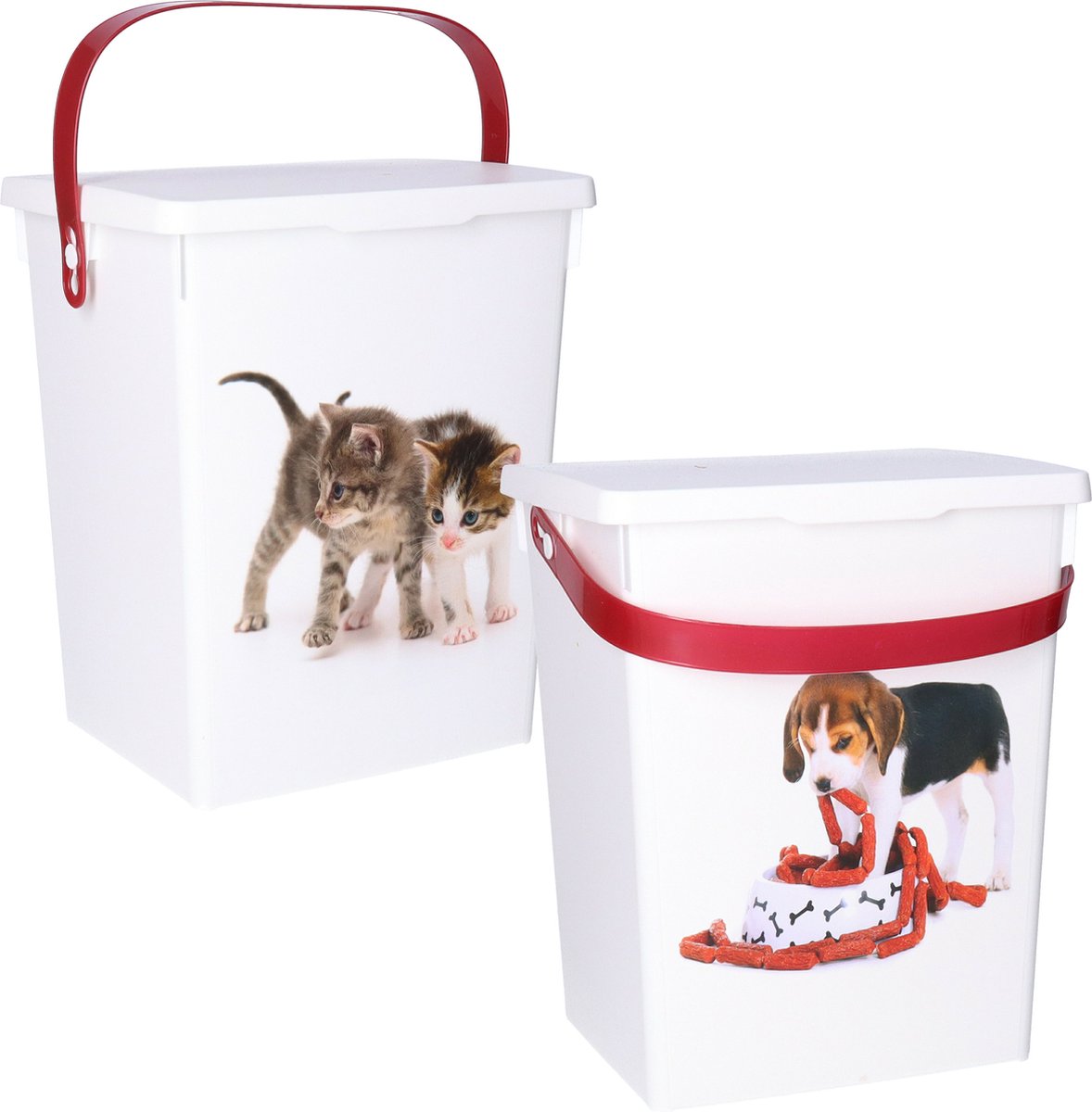 Set van 2 huisdieren voercontainer - hond/kat - voorraad box - kunststof - 5 liter - met deksel