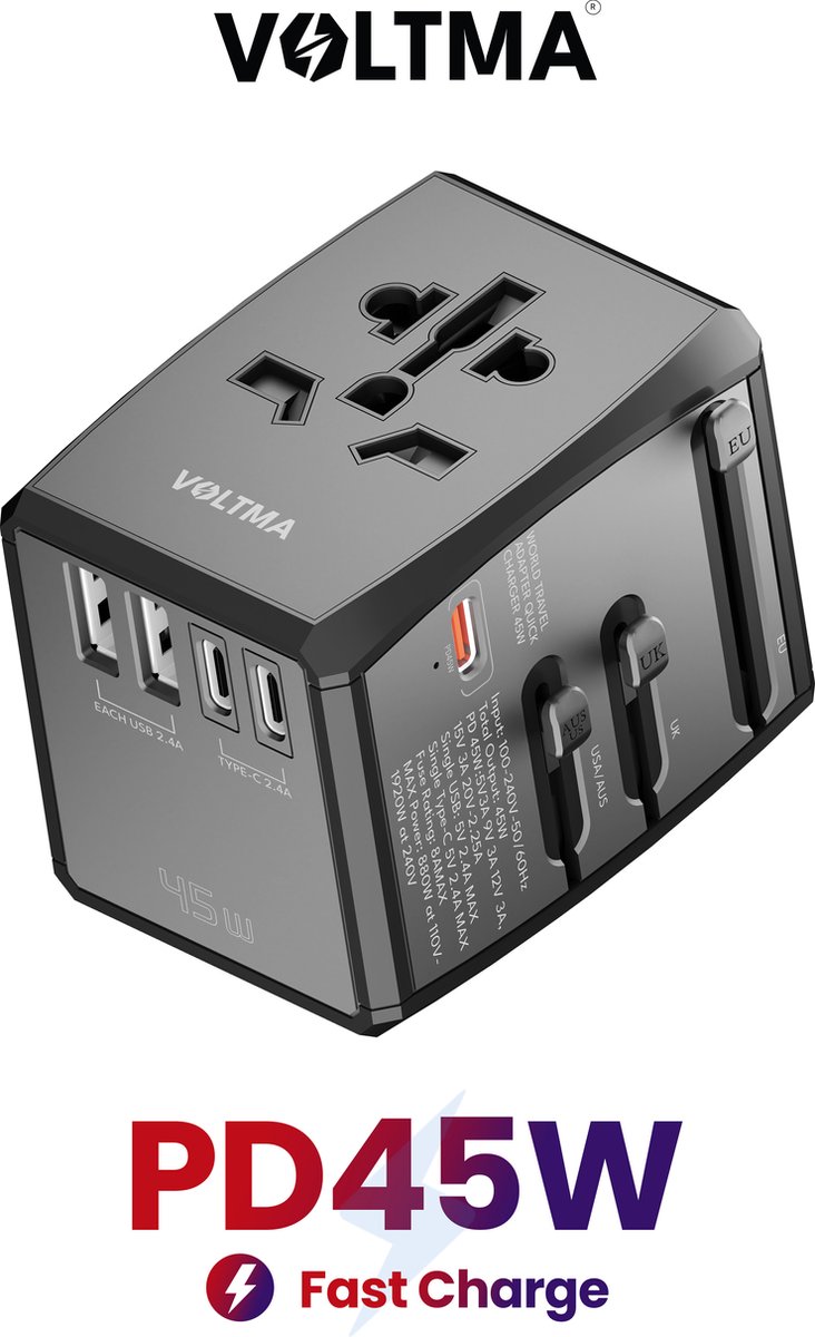 Voltma Universele Reisadapter UC 45W - 45 Watt Snelle Oplader - GaN Universele Charger Adapter met 3 USB-C en 2 USB-A Poorten - Internationale Plug Converter Wereldwijde Reisoplader Alles-in-één voor EU, VS, VK en AUS - Wereldstekker werkt met Apple