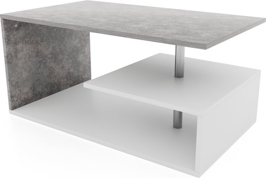 MIADOMODO® Multi-Level Salontafel - 90 x 50 x 41 cm, Spaanplaat, Aluminium Staaf, Wit - Zijkant, Hoek, Salon Theetafel, Opbergtafels met Legplank, Modern, Elegant Woonmeubilair
