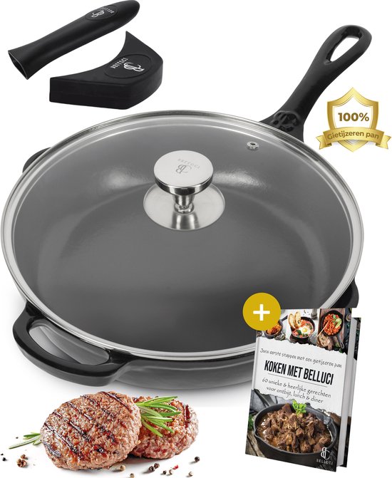 Belluci - Ø27cm - Gietijzeren pan + deksel - Volledig Geëmailleerd - Skillet - Koekenpan geschikt voor alle warmtebronnen BBQ en Inductie incl. accessoires - Hapjespan - Braadpan
