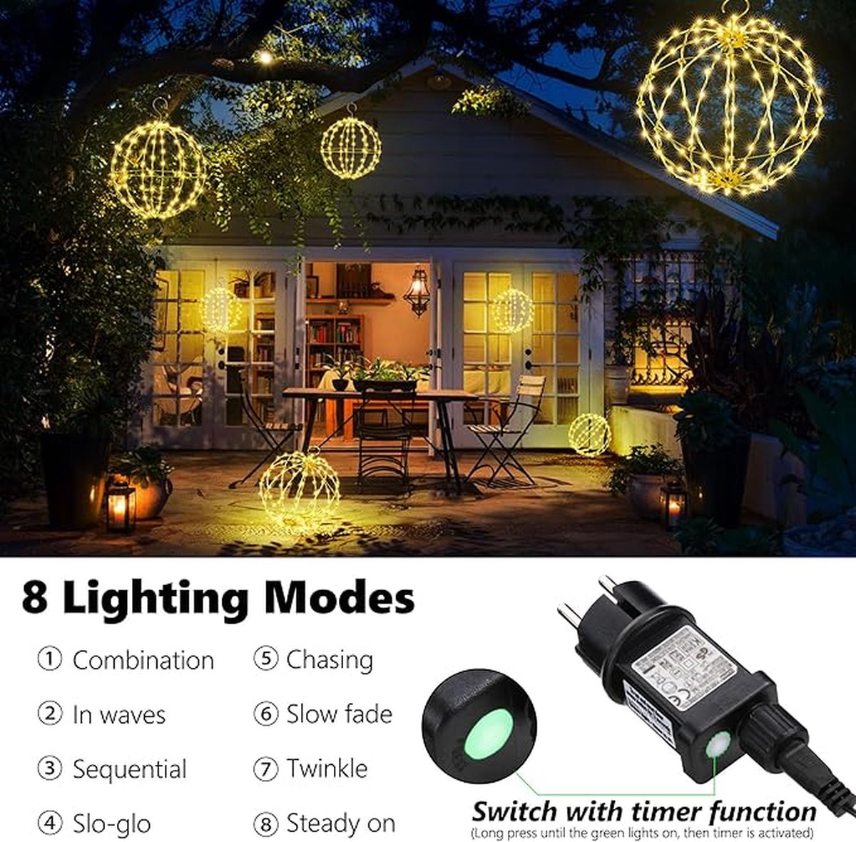 2 Boules Lumineuses De Noël Extérieur 50 Cm Et 45 Cm - 544 LED, 8 Modes, Minuterie, IP44 - Blanc Chaud