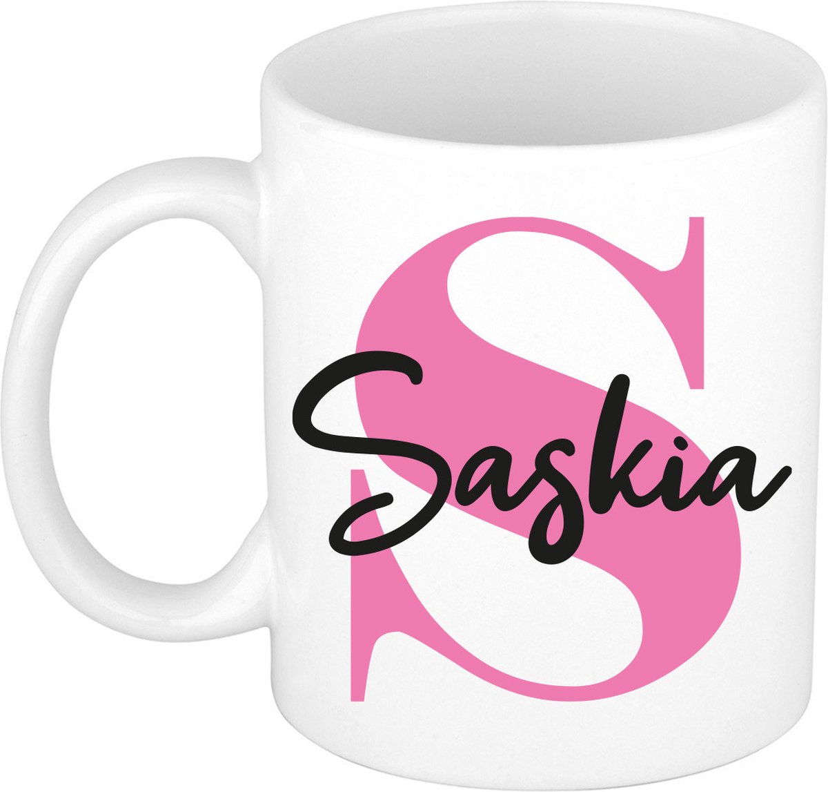 Bellatio Decorations Naam mok Saskia - roze - wit - keramiek - 300 ml - cadeau beker