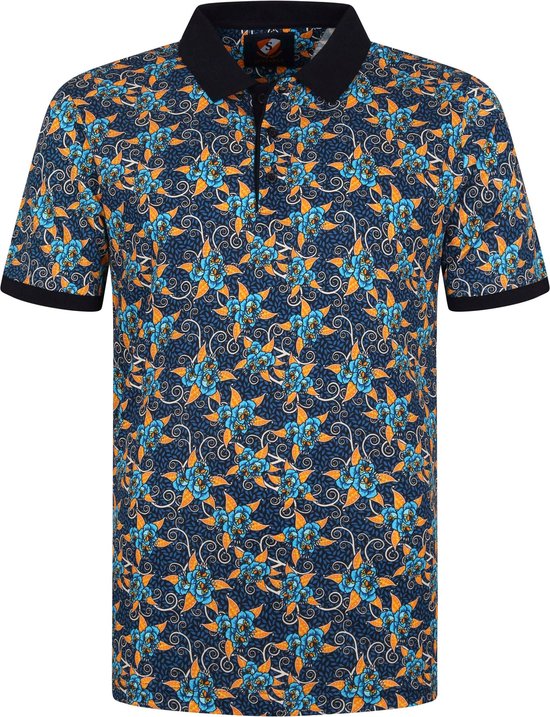 Donkerblauw poloshirt met all-over bloemenprint in blauw en oranje. Korte mouwen en donkerblauwe kraag.