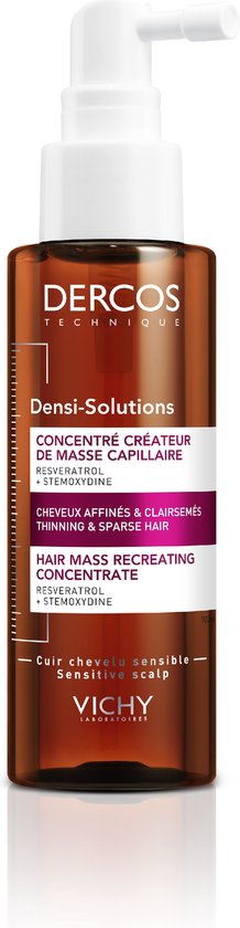 Dercos Technique Densi-Solutions haarconcentraat in bruine fles met witte applicator, omringd door paars en witte tekst.