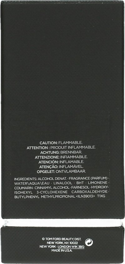 Achterkant van een donkergrijs gestructureerde doos voor Tom Ford Oud Wood met waarschuwingen en ingrediënten.
