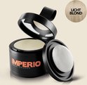 IMPERIO uitgroeipoeder, lichtblond. Zwart potje met oranje logo, opengewerkt deksel met sponsje.