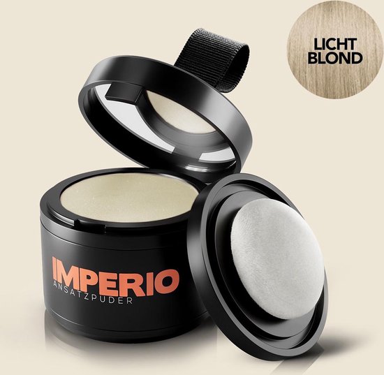 IMPERIO uitgroeipoeder, lichtblond. Zwart potje met oranje logo, opengewerkt deksel met sponsje.