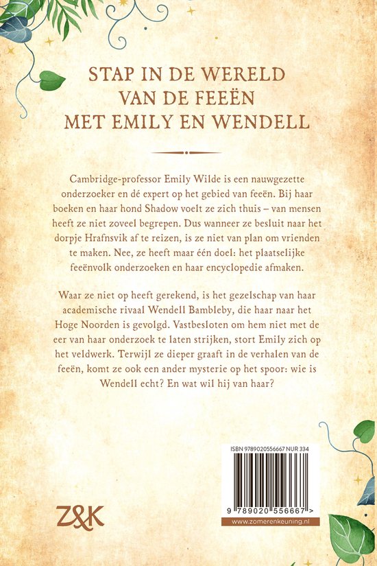 Achterkant van een boek met tekst en plantenranken. 'Stap in de wereld van de feeën met Emily en Wendell'.