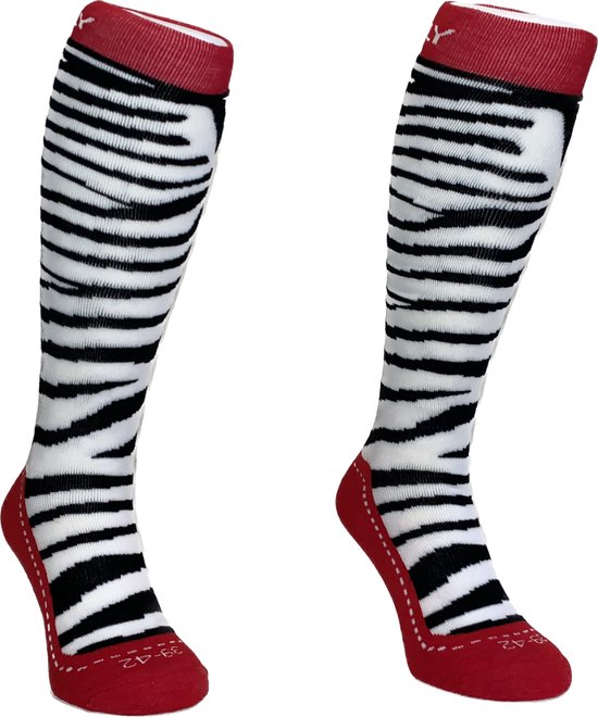 Kniekousen met zwart-wit zebraprint en rode tenen en hiel. Maat 39-42.