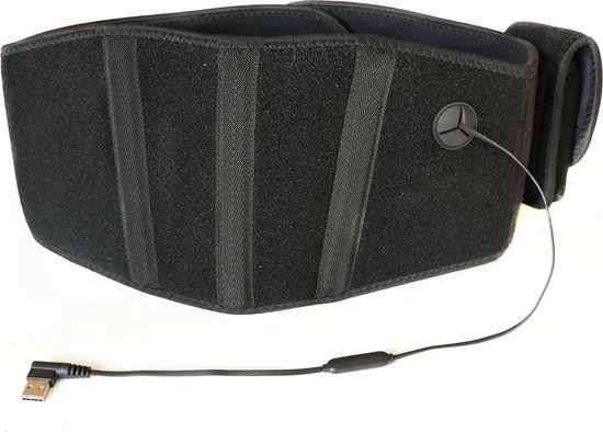 Zwarte rugband met verticale verstevigingen en USB-kabel. Ziet er stevig en comfortabel uit.