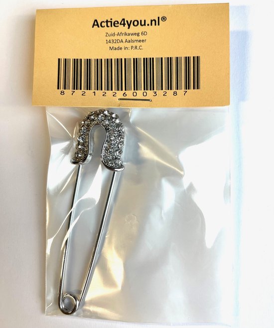 Zilverkleurige veiligheidsspeld met strass steentjes op de kop. Met 'Actie4you.nl' kaartje.