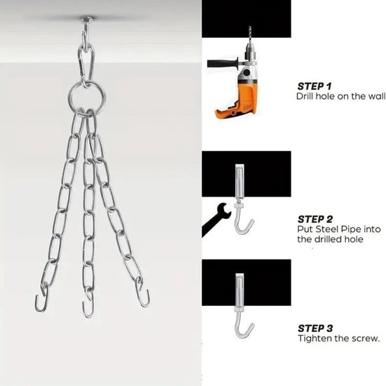 Montagehandleiding voor bokszakophanging met ketting. Stap 1: boor gat, Stap 2: plaats stalen pijp, Stap 3: draai schroef vast.