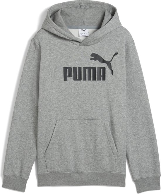 Sweat à capuche Puma gris avec grand logo Puma noir imprimé et une poche kangourou, suspendu.