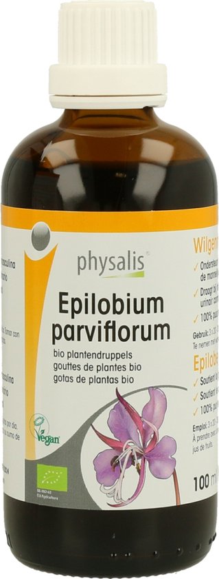 Bruine fles met geel label voor Physalis Epilobium parviflorum bio 100 ml met afbeelding van een paarse bloem.