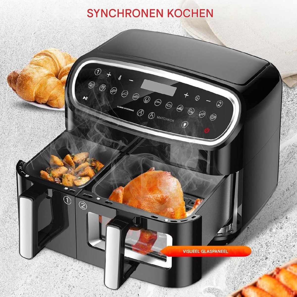 Afbeelding 2 van White-label® Dubbele Airfryer XXXL - Duo Heteluchtfriteuse - Geschikt voor Accessoires - 6L - Zwart