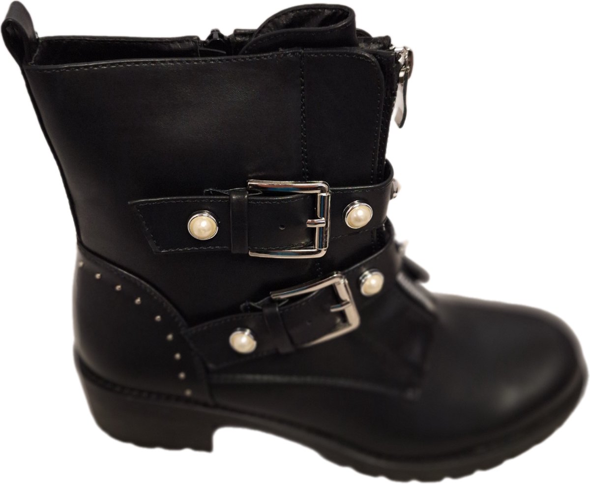 LUCKYSHOES- BIKERBOOTS-3 RIEMEN MET GESP-PEARL AND STUDS-MAT IMITATIONLEER-38