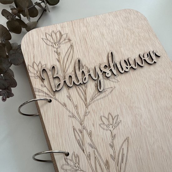Houten bewaarbundel - Babyshower bundel met bloem - Kaarten bewaarboek - Herinneringenmap - Herinneringen - Map - Kraamcadeau - Bewaarboek - Memories - Gepersonaliseerd - Gegraveerd van Houten — afbeelding 2