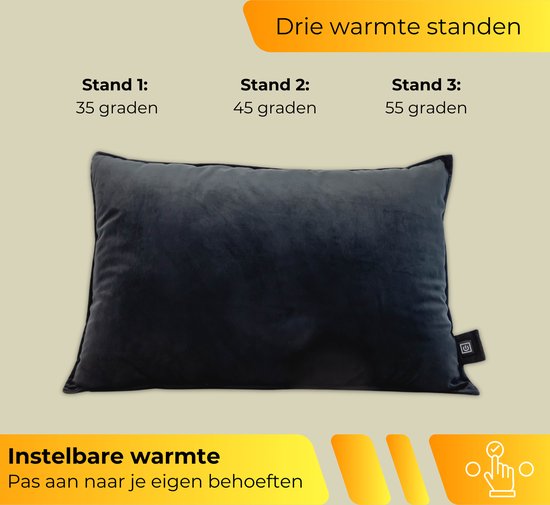 Donkergrijs fluwelen kussen met drie warmtestanden, inclusief aan/uit-knop.