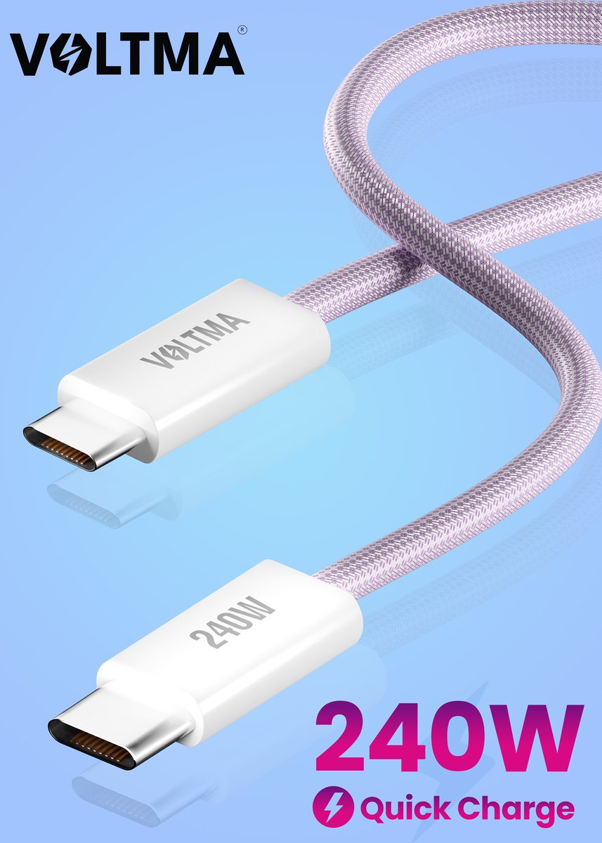 Voltma PMB240CC 240W USB-C naar USB-C Oplaadkabel met snelladen - 480Mbps Datakabel - 1 meter Premium Nylon Gevlochten C naar C fast charge kabel - USB C Snellader - Geschikt voor Smartphone, Tablet, iPhone, MacBook Pro, Dell en HP Laptop (Paars)