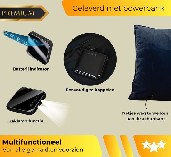 Donkerblauwe velvet kussen met aan/uit-knop en zaklampfunctie op de powerbank.