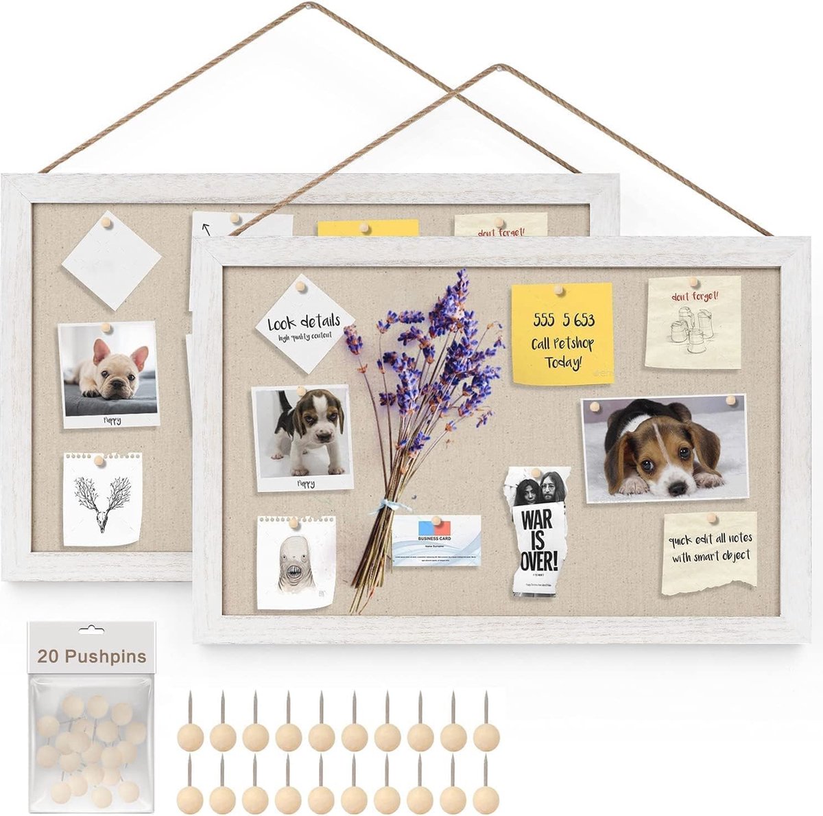 Kurk prikbord 40 x 30 cm - Natuurkurk wandbord met 20 steken - Hangend berichtenbord met houten frame