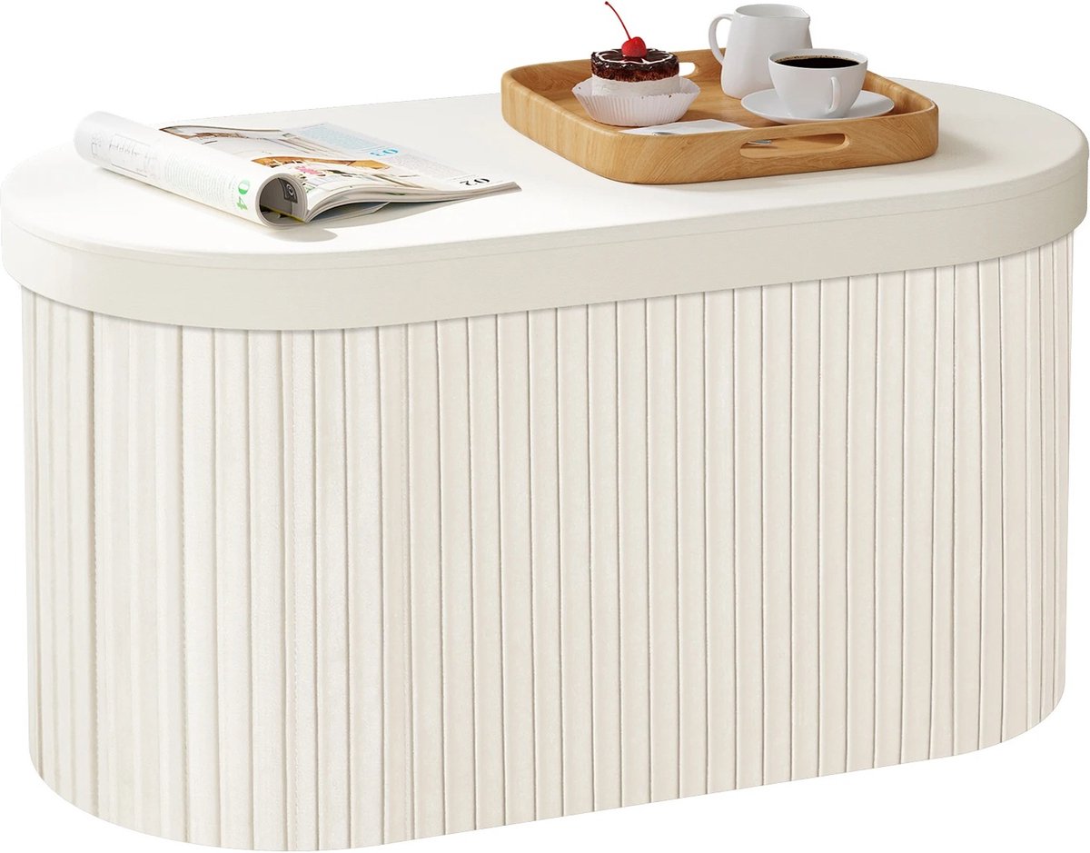 Trovado Opbergpoef met Deksel - Opvouwbare opberg poef - Bankje - Creme - Beige - Ovaal - Groot - 72x35x34.5 CM