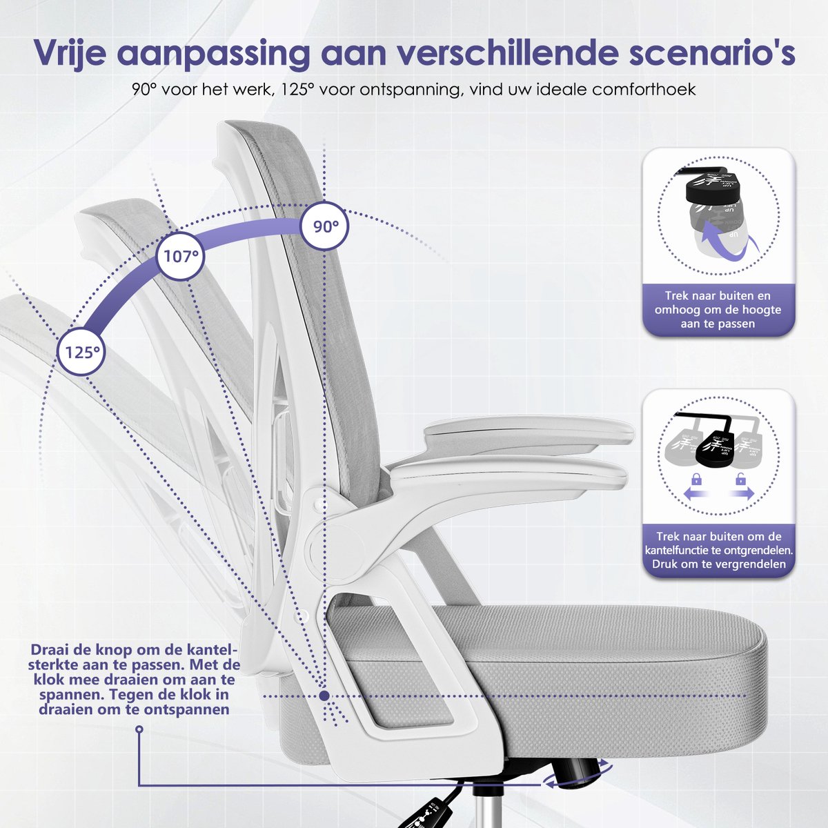 Hiaonyx Bureaustoel-Ergonomische bureaustoel-bureaustoelen voor volwassenen-Opklapbare armleuningen-Lendensteun-Verdikt en verbreed zitkussen-Grijs thumbnail 3