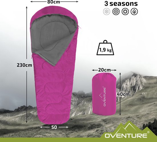 Oventure SleepPlus slaapzak - 230 x 80 cm - Mummy slaapzak - 3-seizoenen - Comfortabel tot 6 °C - Voor kamperen, backpacken en festivals - Lichtgewicht en compact - Slaapzak met capuchon - Inclusief draagtas - Roze van Oventure — afbeelding 3