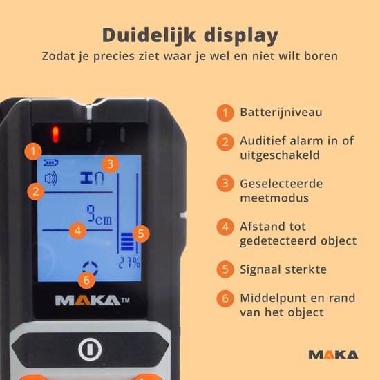 MAKA 5-in-1 detector met duidelijk display: batterijniveau, audiosignaal, meetmodus, afstand, signaalsterkte en objectlocatie.