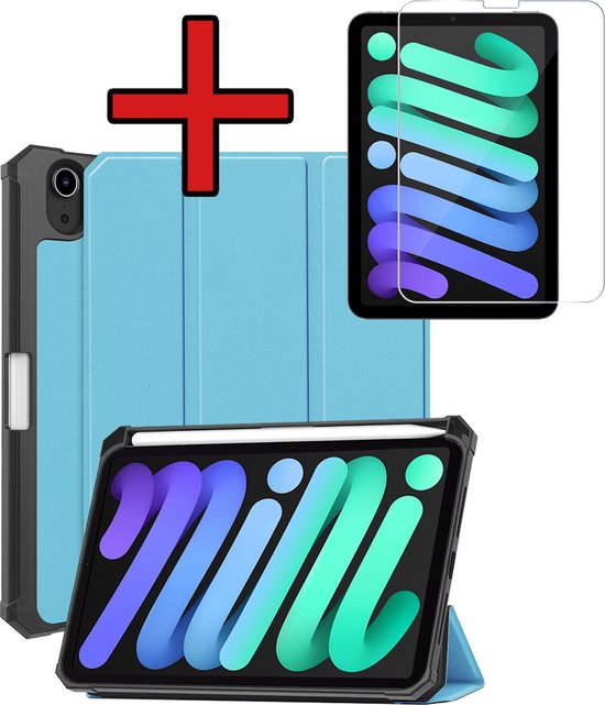 Étui adapté pour iPad Mini 7 Case Book Case Case à trois volets avec découpe adapté pour Apple Pencil avec protecteur d'écran - Étui adapté pour iPad Mini 2024 Case Bookcase - Bleu clair