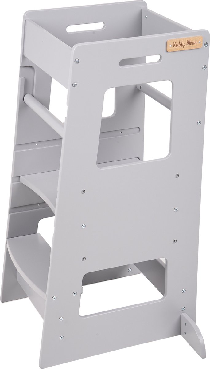 KiddyMoon Leertoren voor kinderen Houten - Montessori meubilair - In hoogte verstelbaar - Opstapkrukje - Toddlers stool - Leerstoel baby - Kinderstoel - Montessori kitchen helper Hout - Keukenhulp - Keukentoren - Kindertrap - Grijs