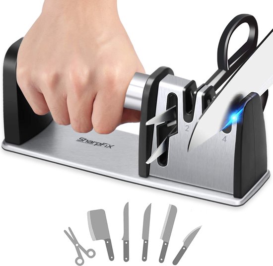 Foto: Sharpfix 4 in 1 messenslijper ultra anti slip knife sharpener doortrekslijper aanzetstaal schaarslijper en 3 traps messen slijper in n rvs
