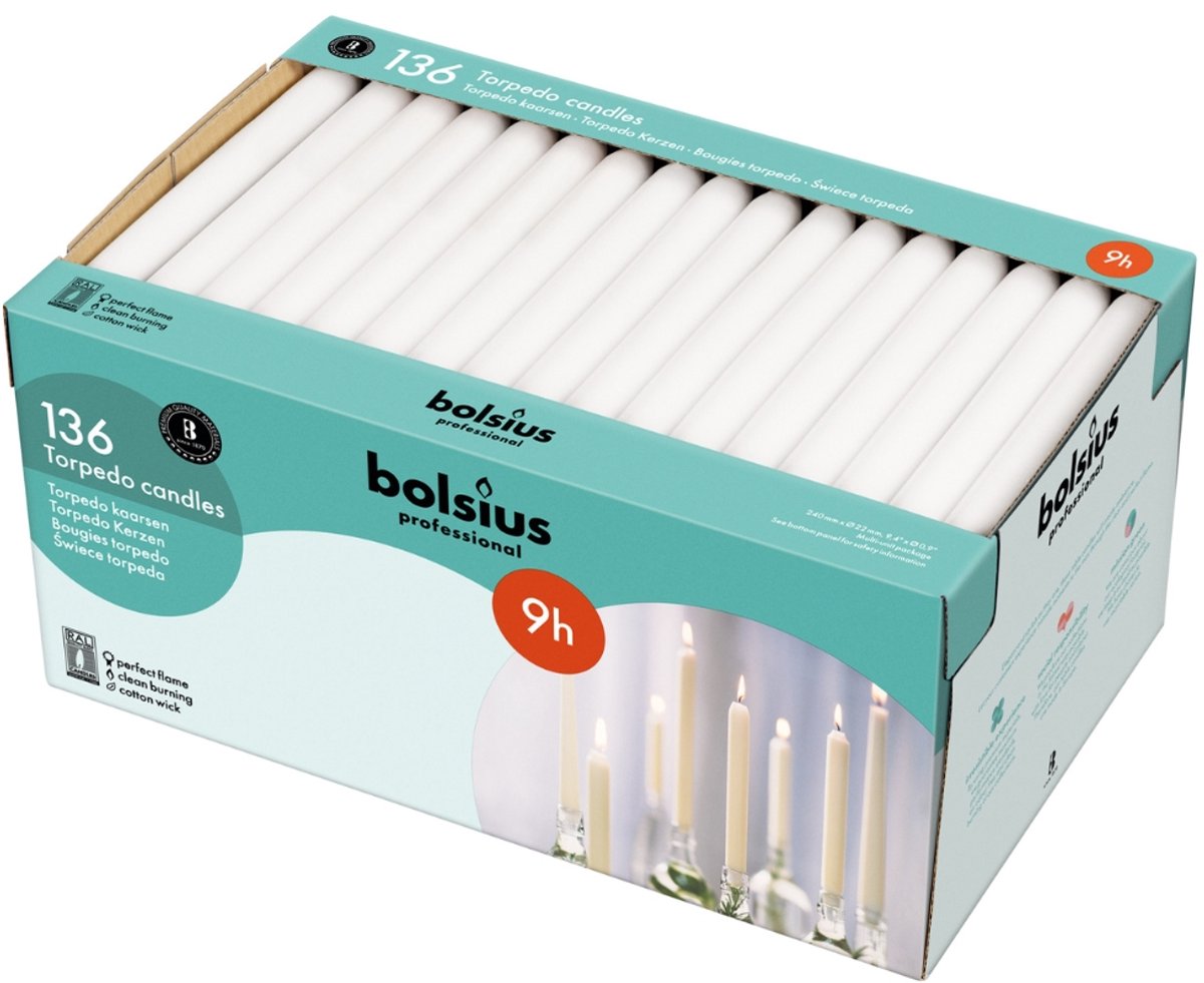 Bolsius Torpedokaarsen - Wit - 136 stuks