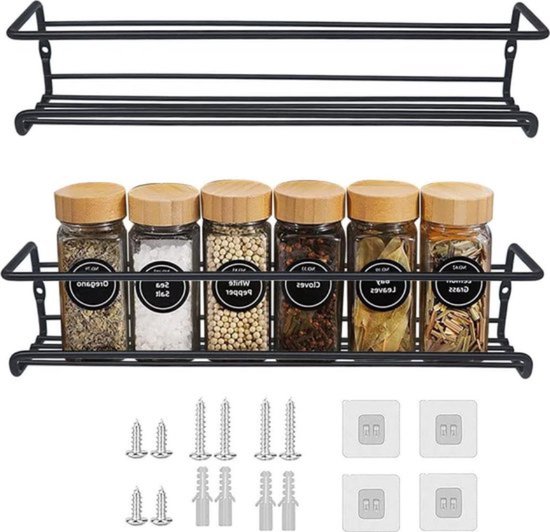 Étagère à épices en métal noir - à suspendre sans perçage - étagère murale de cuisine pour épices de cuisine - étagère à épices 29 x 65 cm à suspendre