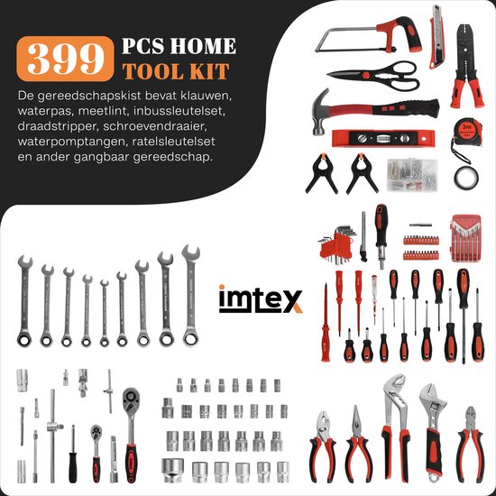 Imtex Gereedschapstrolley - 399-Delige Gereedschapskoffer - Gereedschapskist - Gereedschapset op Wielen - Gevuld - Aluminium